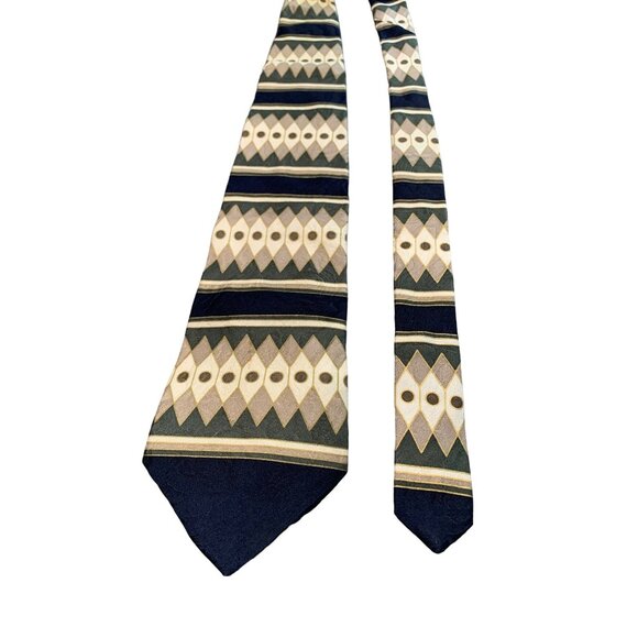 Vintage Halston Mens Silk Necktie Geometric Pattern Navy Tan Green Tie - Picture 1 of 5
